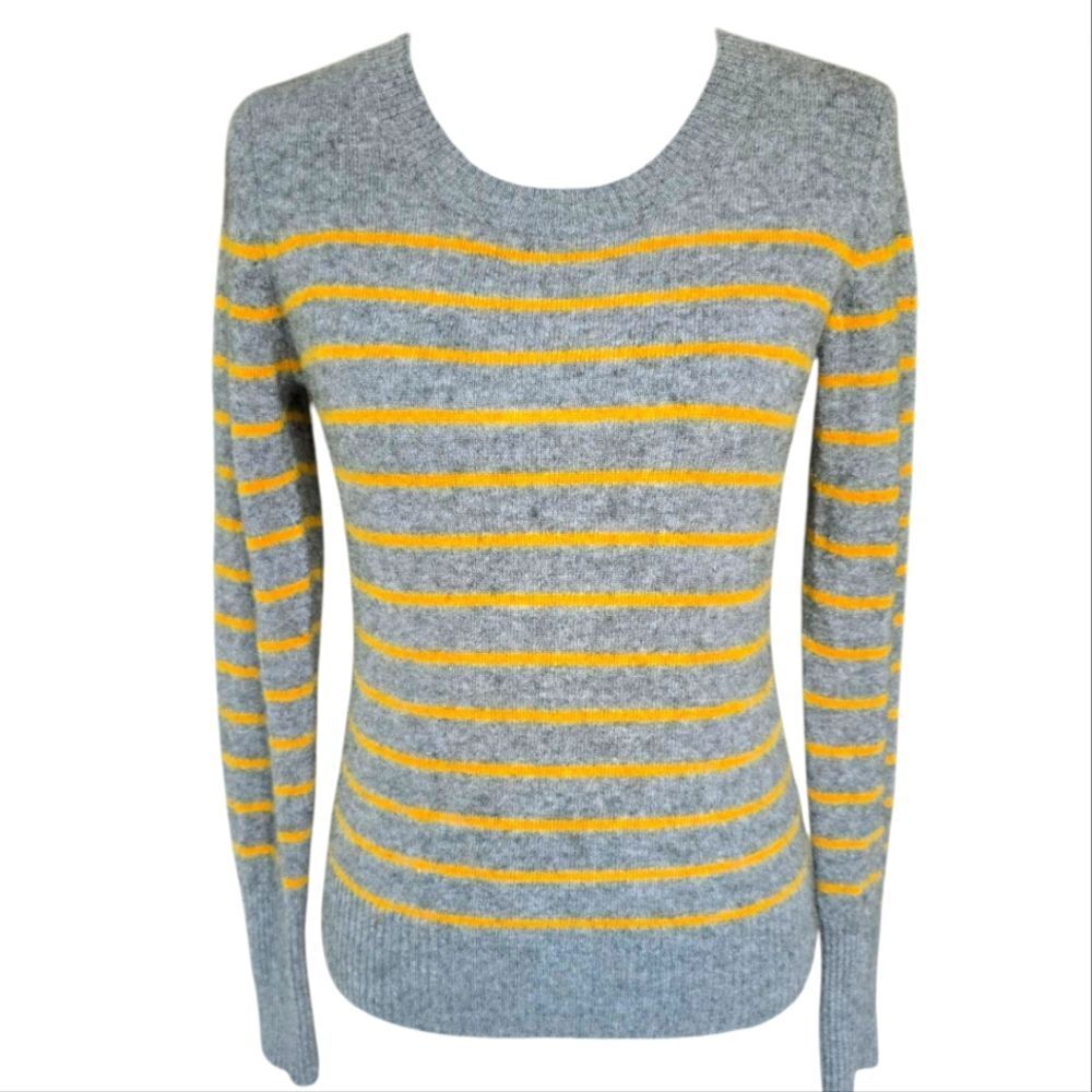 Fenn Wright Mason 2 Ply Cashmere Sweater Gray Yellow Stripe Crew Neck Medium